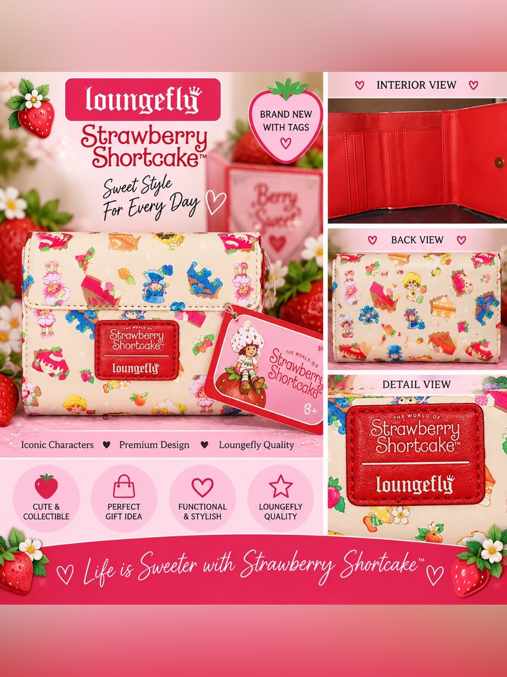 Loungefly Strawberry Shortcake Cream Multi-Character Wallet with Red Trim